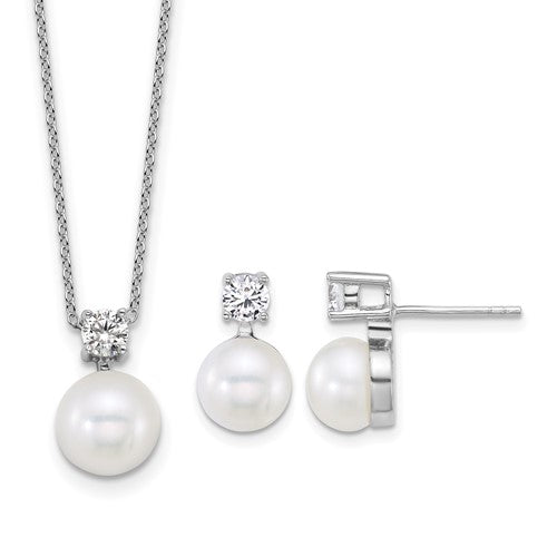 Sterling Silver Rh-plated FWC Pearl and CZ 17in Necklace/Earring Set