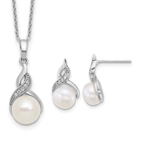 Sterling Silver Rh-plated FWC Pearl and CZ 17in Necklace/Earring Set