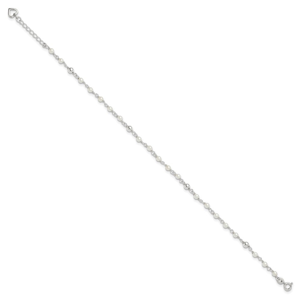 Sterling Silver Polished 9in Plus 1in ext FWC Pearl and Heart Anklet