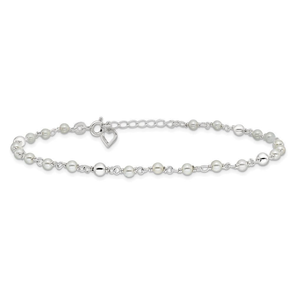 Sterling Silver Polished 9in Plus 1in ext FWC Pearl and Heart Anklet