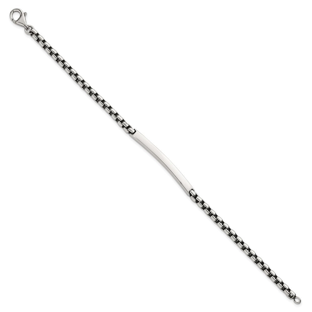 Sterling Silver Antiqued Round Box Chain 8 Inch Men's ID/Bar Bracelet
