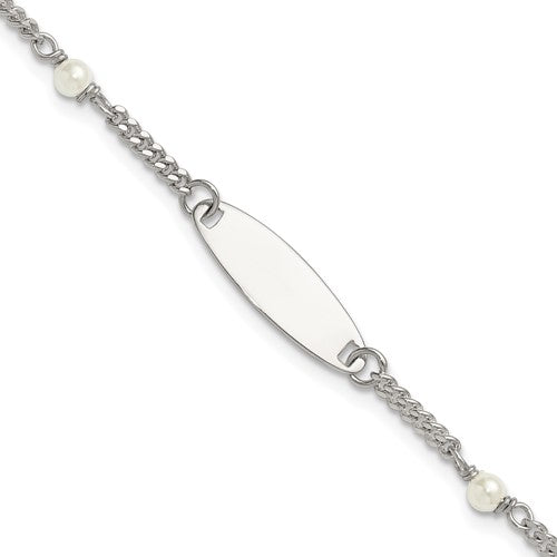 SS Polished Curb Link and Acrylic Pearl 5in w/1in Ext Childrens ID Bracelet