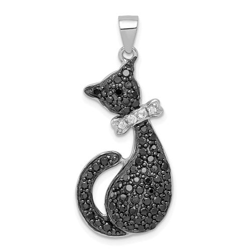 Sterling Silver Rhodium-plated Black & White CZ Cat with Bow Pendant