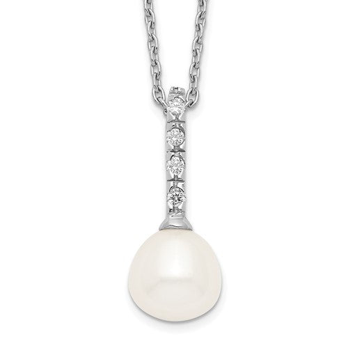 Sterling Silver Rhodium-plated 7-8mm White FWC Pearl CZ Necklace