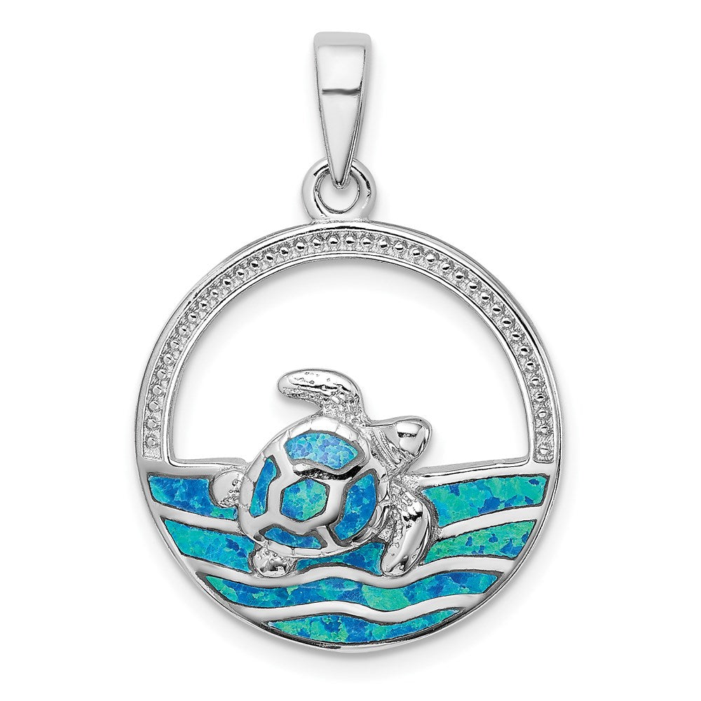 Sterling Silver Rhodium-plated Blue Inlay Created Opal Turtle Pendant