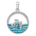Sterling Silver Rhodium-plated Blue Inlay Created Opal Turtle Pendant