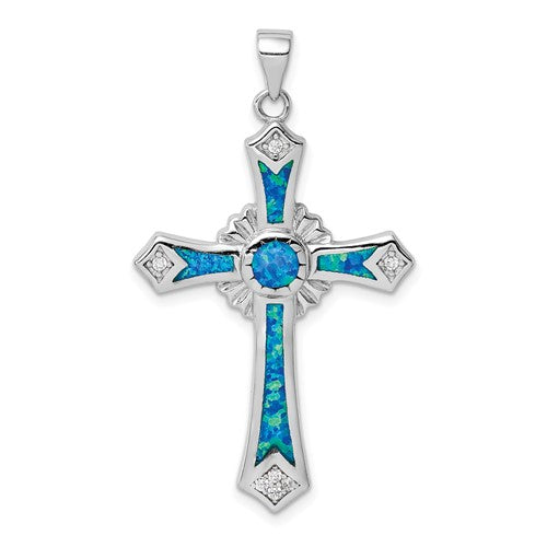 Sterling Silver Rhodium-plated Created Blue Opal / CZ Cross Pendant