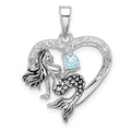 Sterling Silver Rh-plated Antiqued CZ Mermaid Heart Pendant