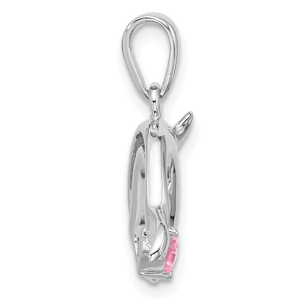 Sterling Silver RH-plated Polished & Antiqued Pink CZ Dolphin Pendant