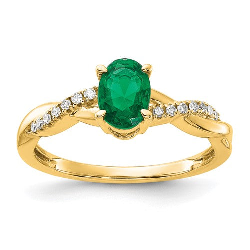 10k Oval Created Emerald and Diamond Ring
