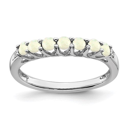 10k White Gold Created Opal and Diamond 7-stone Ring