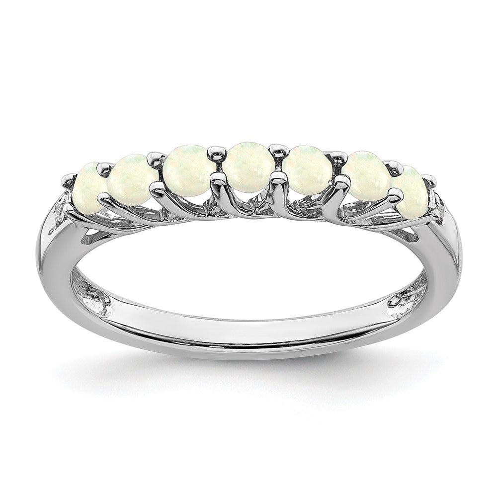 10k White Gold Created Opal and Diamond 7-stone Ring