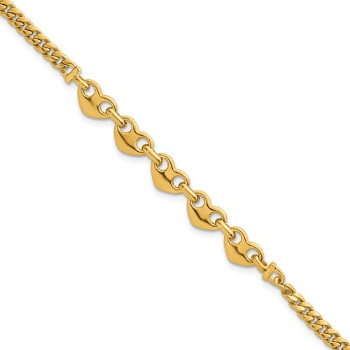 14k Polished Hearts Curb Link 7inch Bracelet