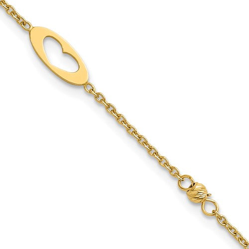 14k Polished Link Hearts and D/C Beads 7.5in Bracelet