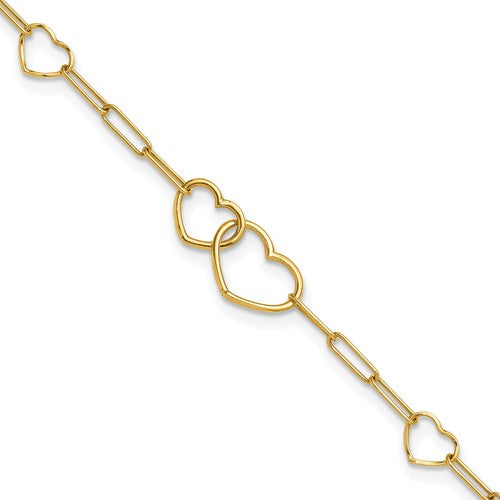 14k Polished Paper Clip Link Heart Shape 7.5in Bracelet