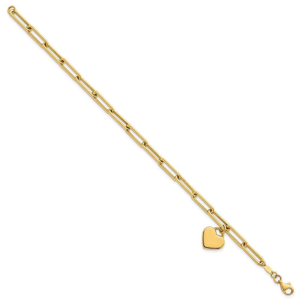 14k Polished Dangle Heart 7.5in Paperclip Bracelet