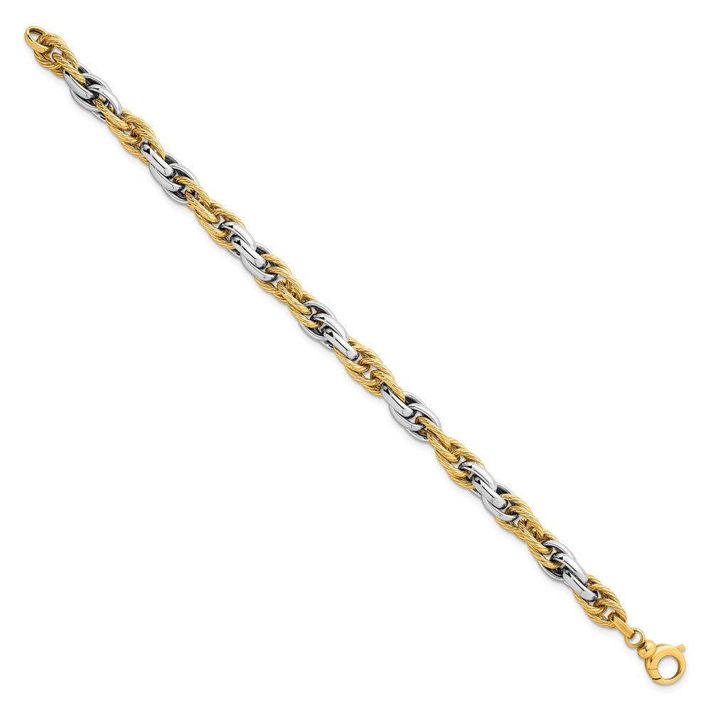 14k Two-tone Polished Textured Fancy Rope Link Bracelet