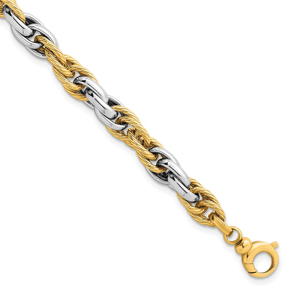 14k Two-tone Polished Textured Fancy Rope Link Bracelet