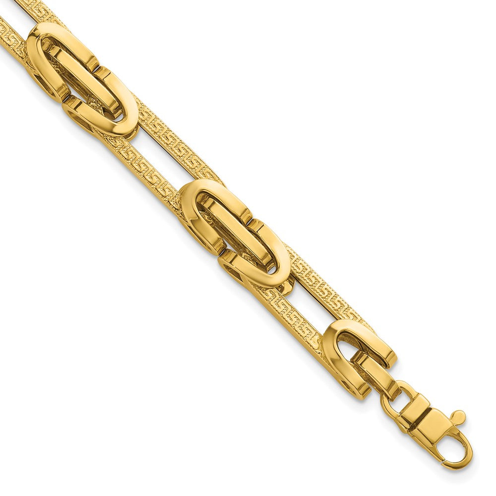 14k Polished & Textured Greek Key Design Oval Link 7.25 in Bracelet