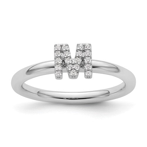 14K White Gold Stackable Diamond Initial M Ring
