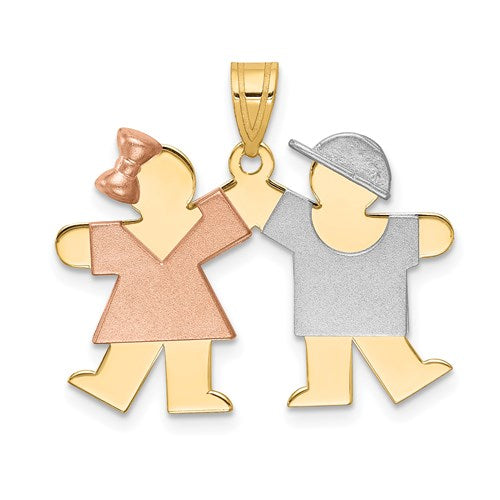 14k Tri-Color Small Girl on Left and Boy on Right Engravable Charm