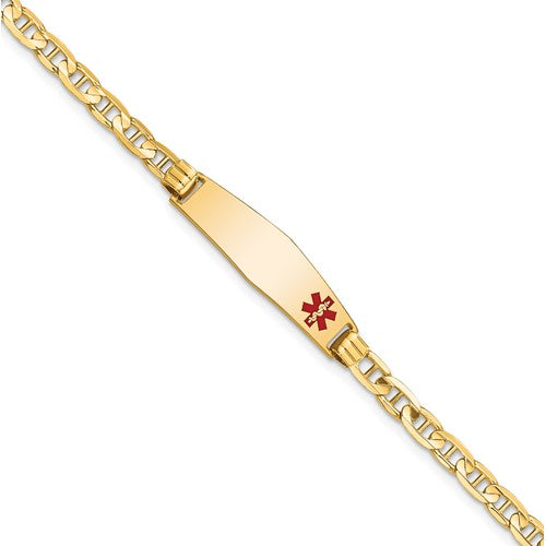 14K Medical Soft Diamond Shape Red Enamel Anchor Link ID Bracelet