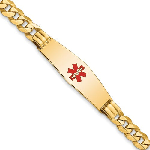 14K Medical Soft Diamond Shape Red Enamel Flat Curb Link ID Bracelet