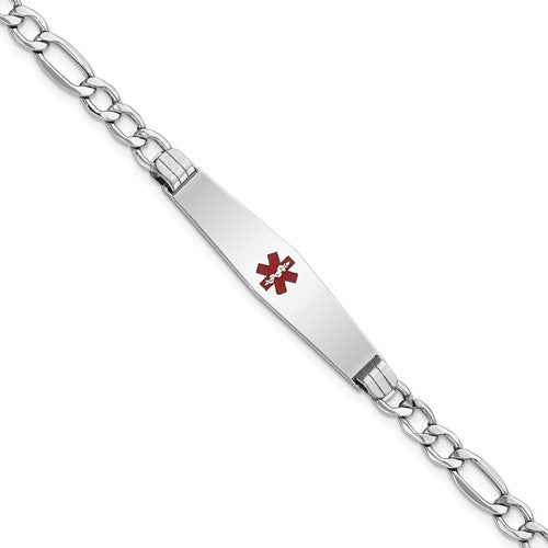 14K WG Semi-Solid Medical Soft Diamond Shape Red Enamel Figaro ID Bracelet