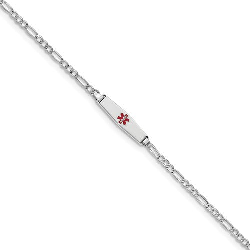 14k WG Medical Semi-Solid Soft Diamond Shape Red Enamel Figaro ID Bracelet