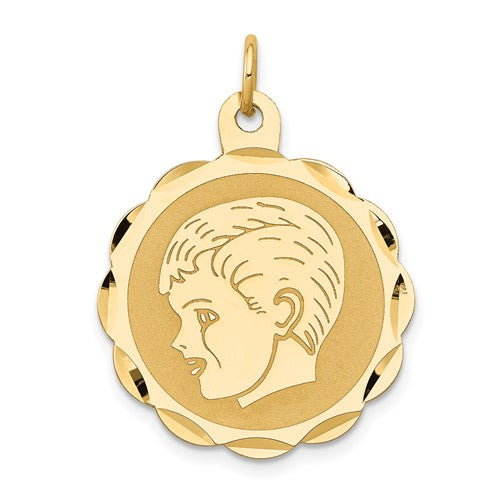 14k Boy Head on .011 Gauge Engravable Scalloped Disc Charm
