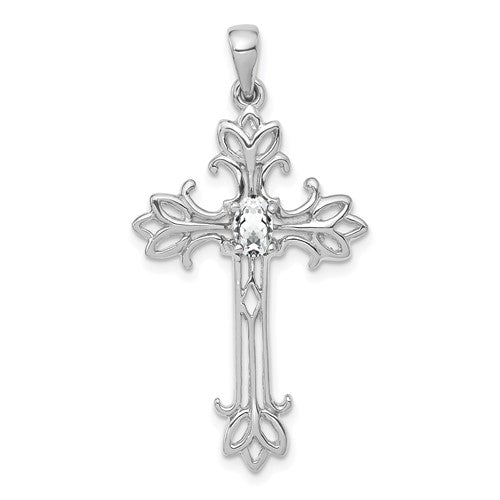 14k White Gold 5x3mm Oval Cubic Zirconia cross pendant