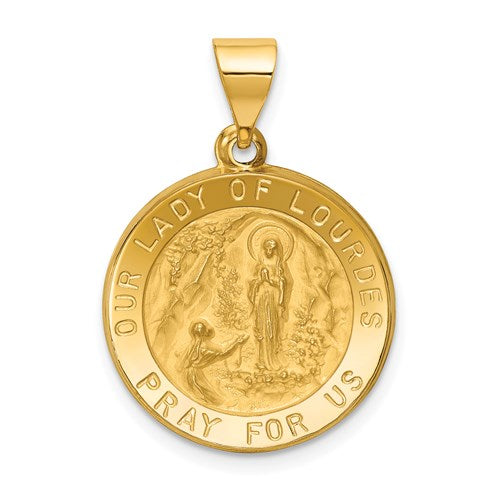 14k Polished and Satin Our Lady of Lourdes Medal Hollow Pendant