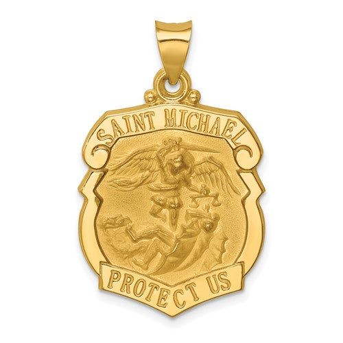 14k Polished and Satin St. Michael Badge Medal Hollow Pendant