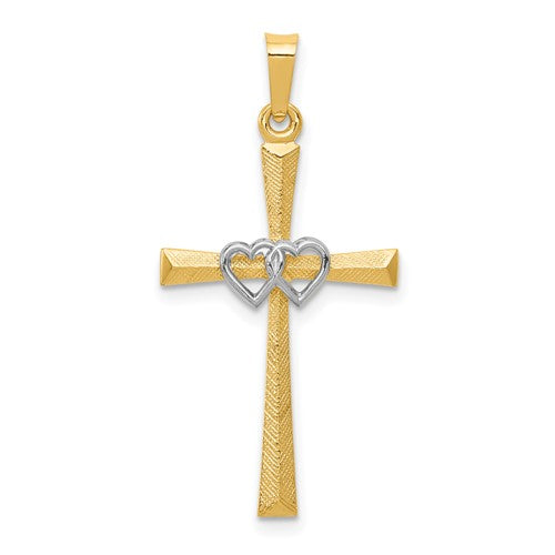 14K Two-tone Textured and Polished Latin Cross w/ Hearts Pendant