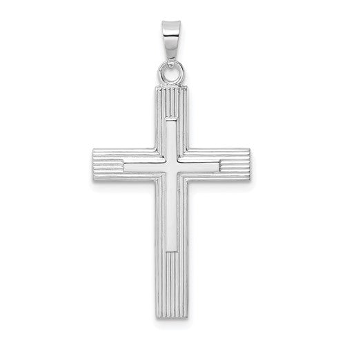 14k White Gold Polished Solid Striped Double Cross Pendant
