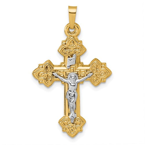14k with White Rhodium Polished INRI Crucifix Cross Pendant