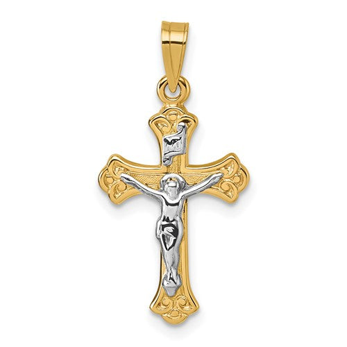 14k with White Rhodium Polished INRI Crucifix Cross Pendant