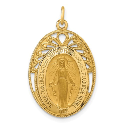 14k Polished and Satin Miraculous Medal in Frame Oval Pendant