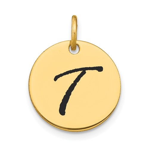 14k Polished Black Enamel Letter T Initial Disk Charm