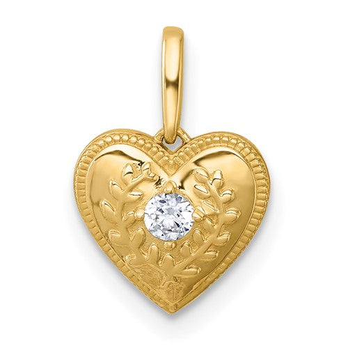 14k Polished and Textured CZ Floral Heart Pendant