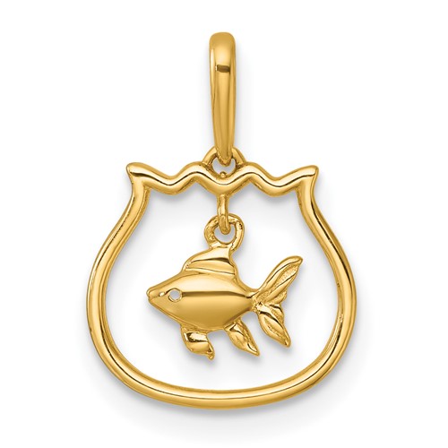 14k Polished Fish Bowl with Dangling Fish Pendant