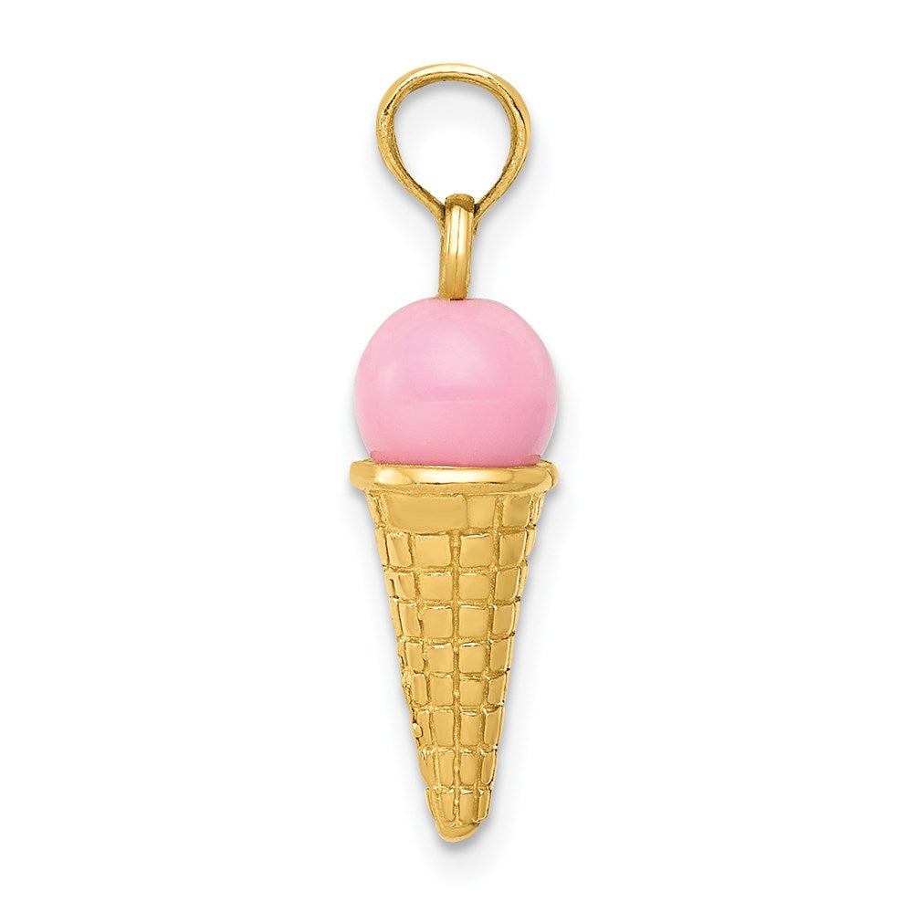 14K Satin Polished 3D  Pink Quartz Ice Cream Cone Charm