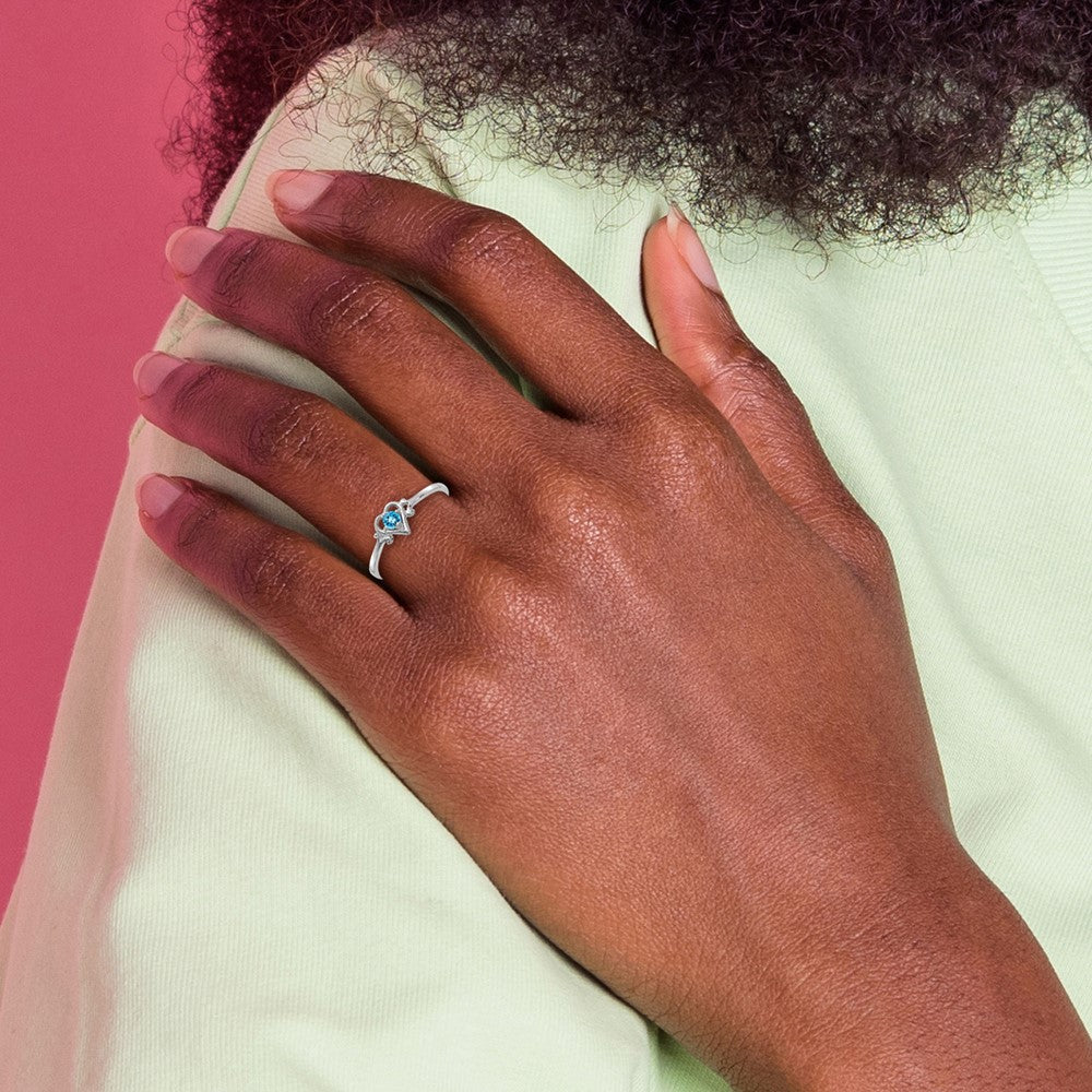 10K White Gold Blue Topaz Birthstone Heart Ring