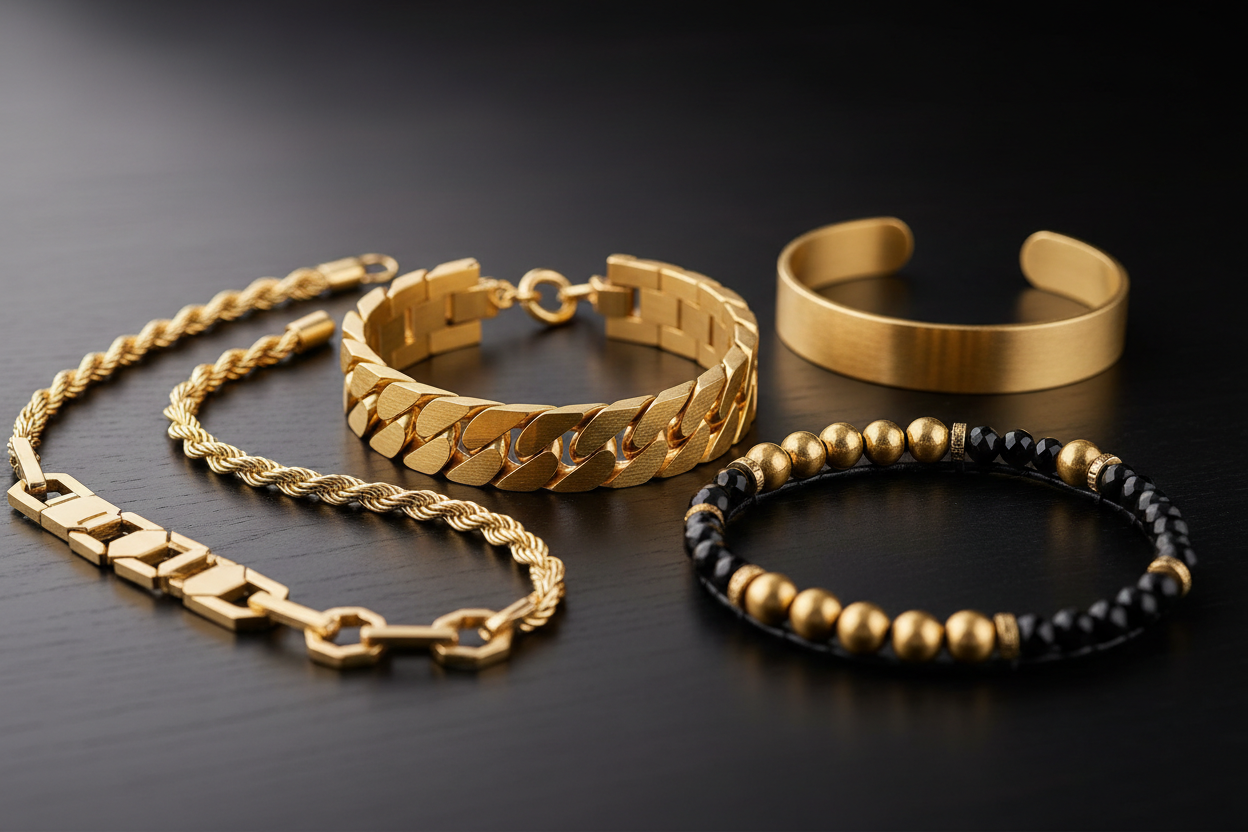 Men's gold bracelet, different styled bracelets